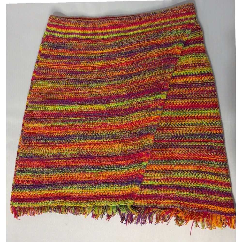 Scoop Multi Color Knit Wrap Mini Skirt Fringe Hem Small 4-6 Boho Striped